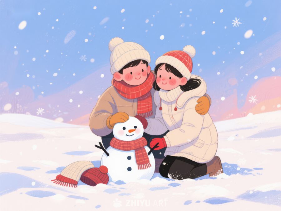 冬日雪地，两人共筑雪人 134
