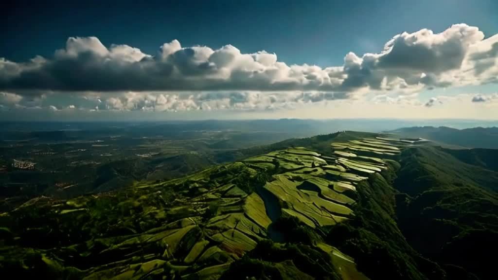 绿色山坡上分布着排列整齐的农田，远处是连绵的山丘和