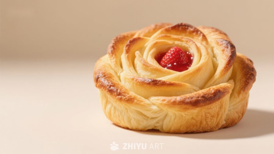 玫瑰形状的糕点，中心点缀草莓酱