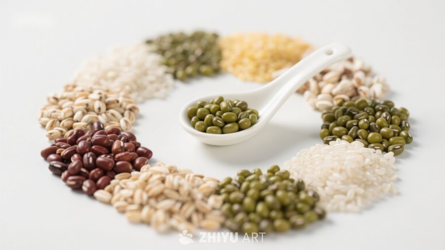 五谷杂粮环绕勺中豆类