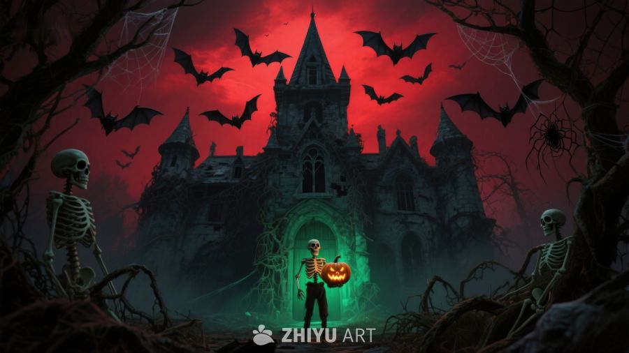 幽暗城堡前的万圣夜景