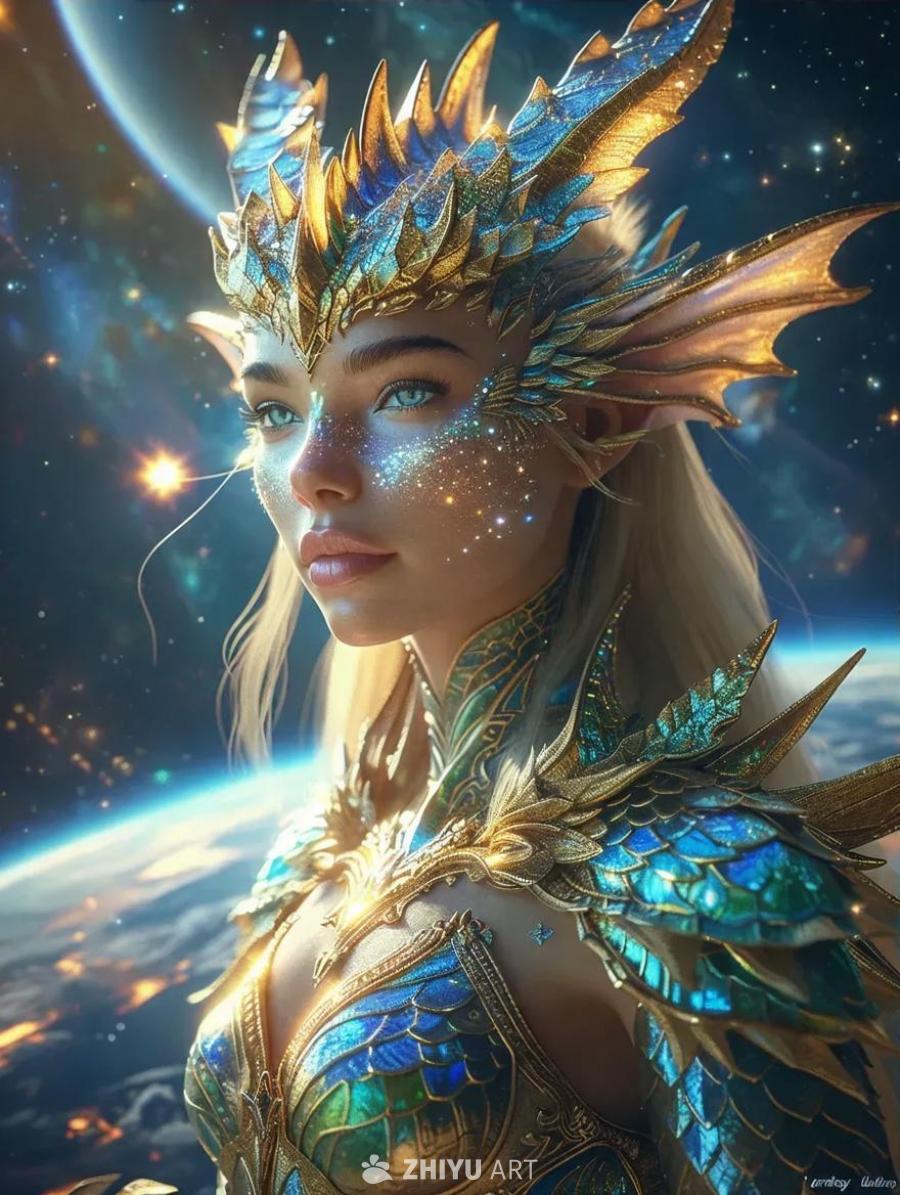 一个美丽的奇幻生物的全身肖像，闪闪发光。她佩戴着带
