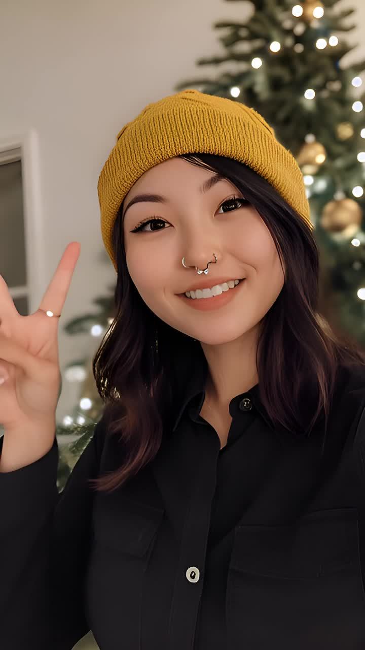 一个戴着黄色针织帽的女子，她有黑色的头发，鼻子上戴