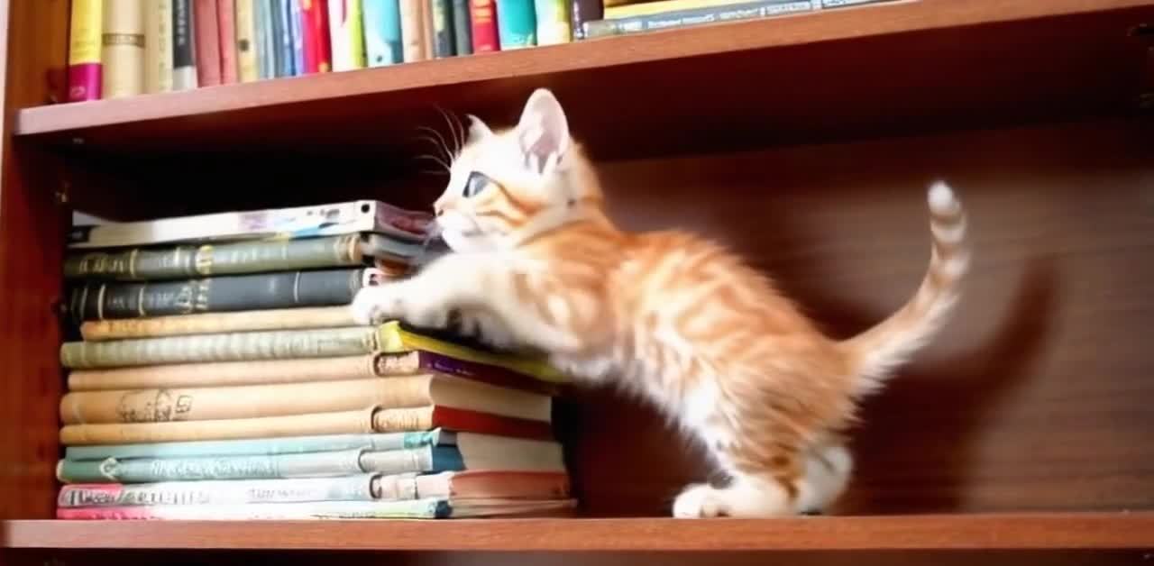 书架上的橘色小猫与彩色书籍