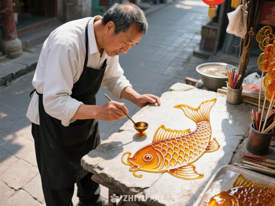 艺人街头绘制糖画金鱼 1338
