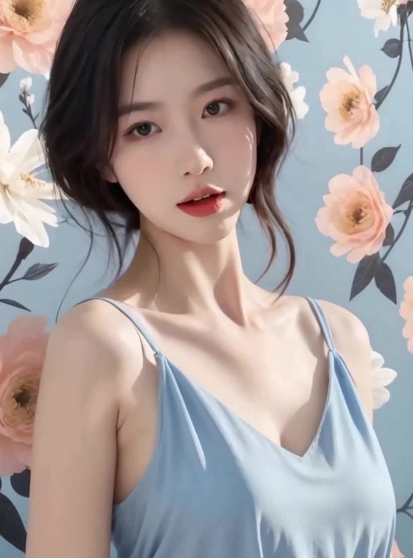 蓝裙少女花背景忧郁美人