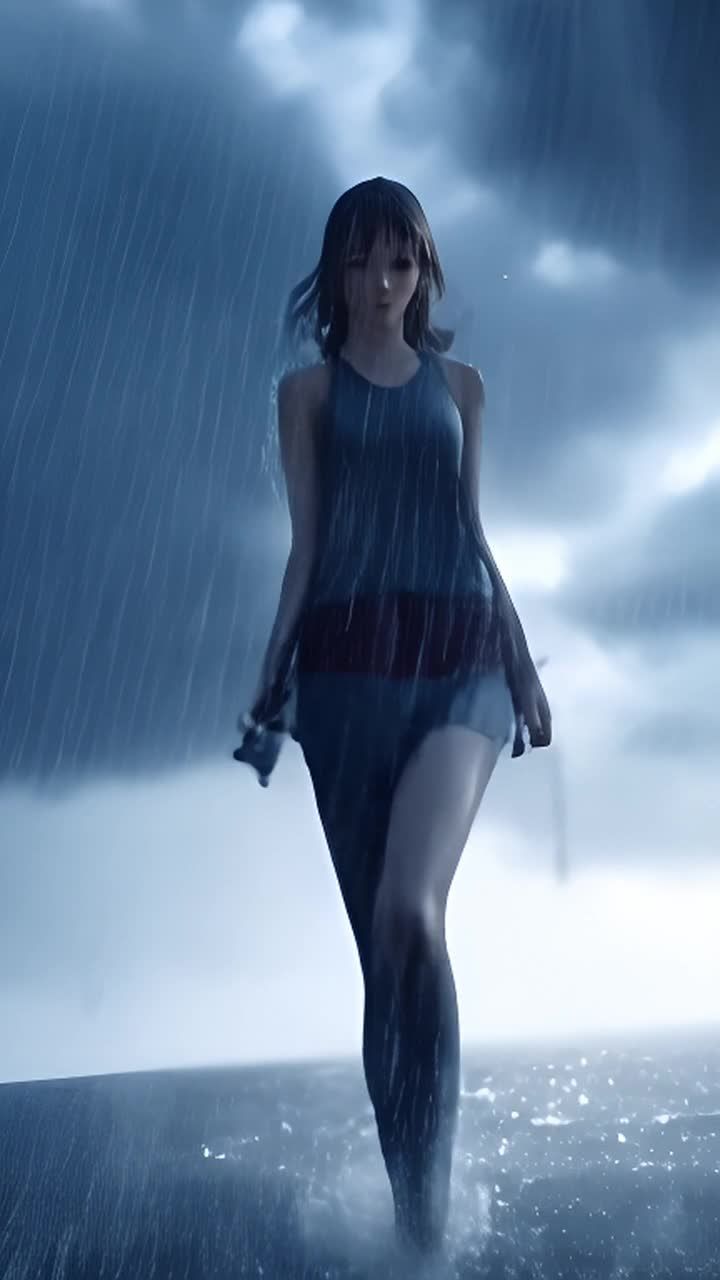 一位动漫少女走在暴雨中，她穿着蓝色和红色的连衣裙。