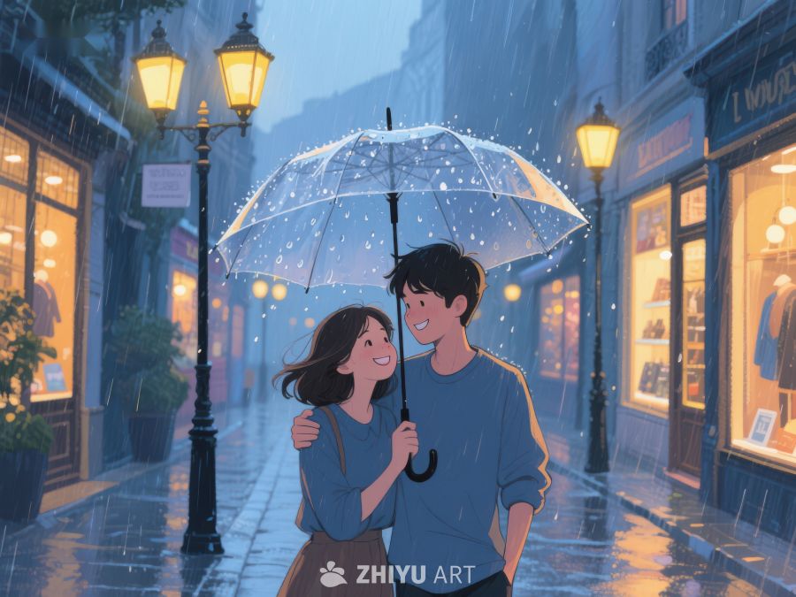 雨夜街头，伞下情侣温馨相伴 1136