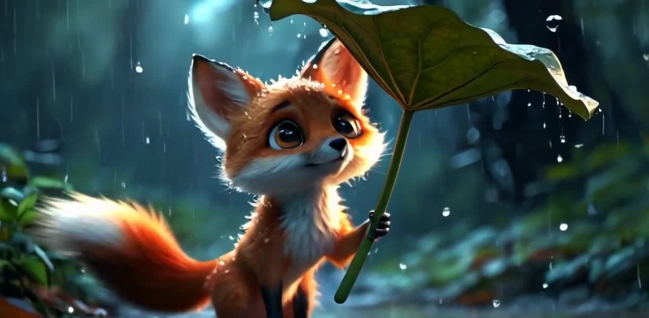 雨中荷叶遮头的小狐狸