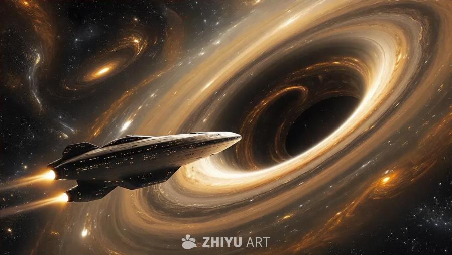 星际空间中呈现出一个黑洞的生动图像。一艘雄伟的沙色