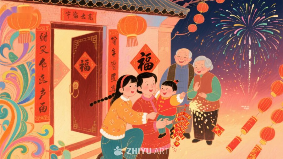 家庭欢庆春节，烟花绽放夜空 498