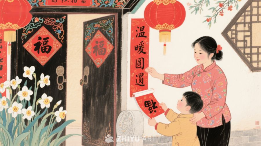 母子贴春联，共迎新春佳节 92