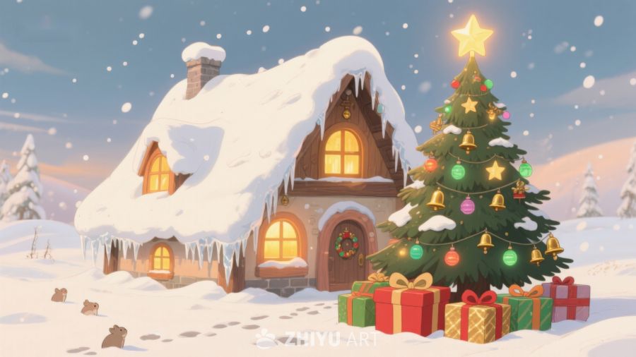 雪景中的圣诞树与小屋 258