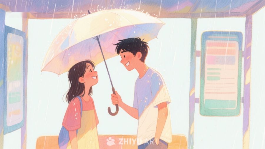 雨中伞下，两人温馨对视 679