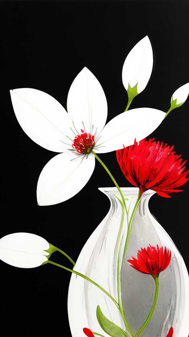 水晶花瓶的小白花和一个红色的花