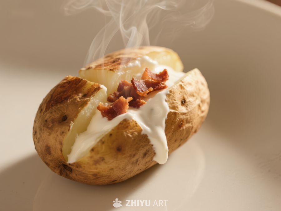 热腾腾的烤土豆配培根和酸奶油