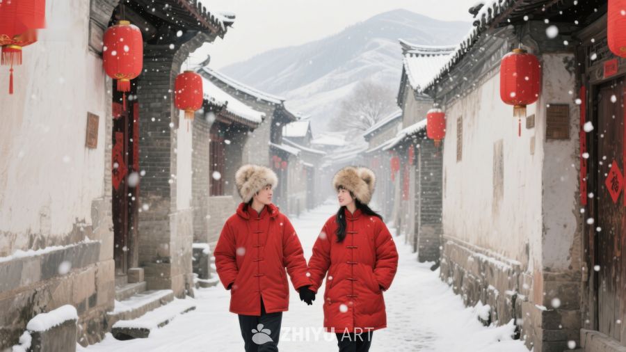 雪中古巷，红衣女子闲聊 1107