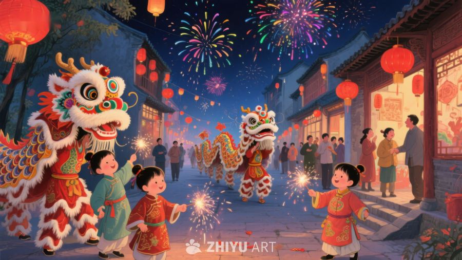 欢庆春节，舞狮烟花映夜空 380