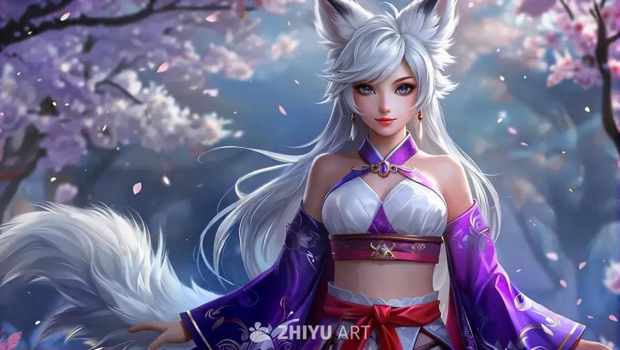 一位拥有狐狸特征的迷人女性，她穿着时尚且修身的服装