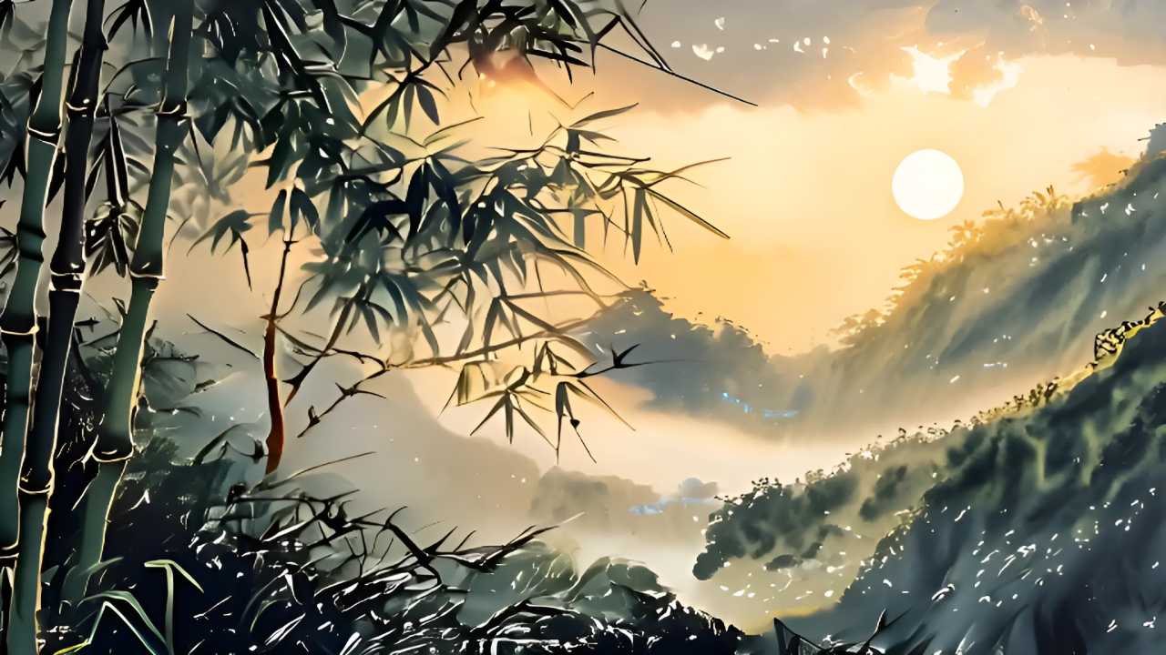 深绿色的竹子，叶子呈尖状，遍布图像的左侧和前景。背