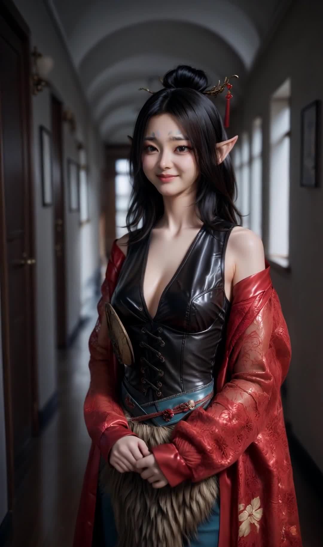 一位长发黑发的年轻女性站在室内走廊上，她戴着尖耳饰