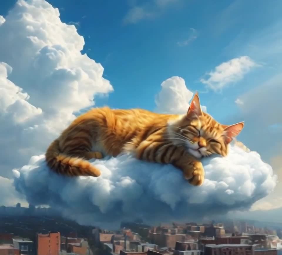 云端甜梦：姜黄猫咪俯瞰城市天际线