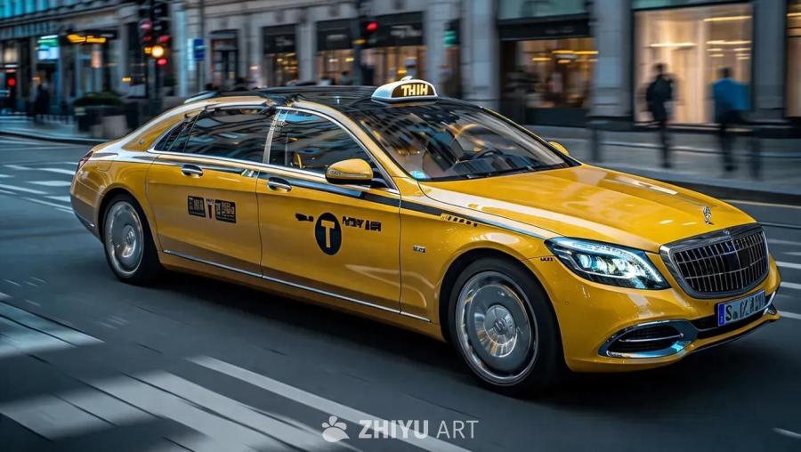 一辆2027款迈巴赫出租车行驶在街道上，车顶是亮黑