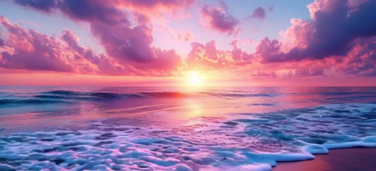粉色天空下的海滩落日，波光粼粼景色唯美。