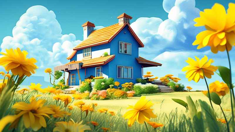绿色田野里有黄色花朵的房子的水彩插图 68