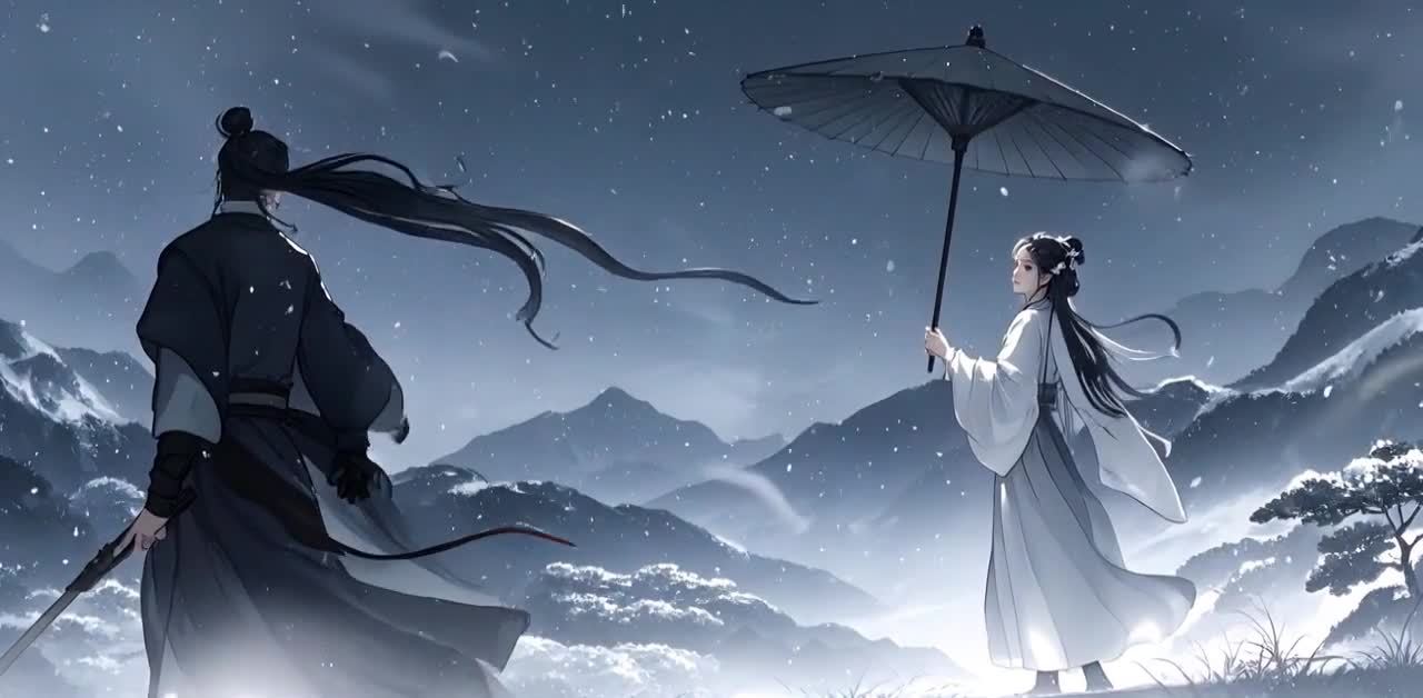 雪山雪夜，女子持伞，剑客伫立