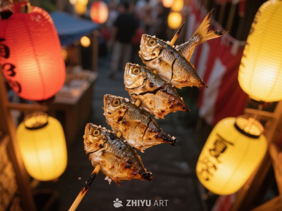 烤鱼串在灯笼映衬下的夜市场景 119