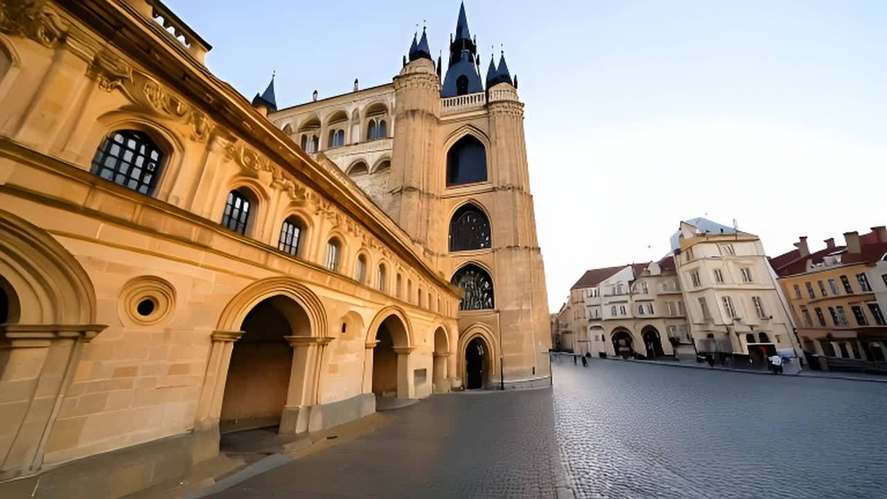 一个雄伟的宫殿及其复杂的建筑占据了画面，背景是欧洲