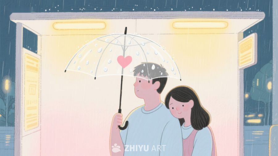 雨夜站台下的温馨伞影 622