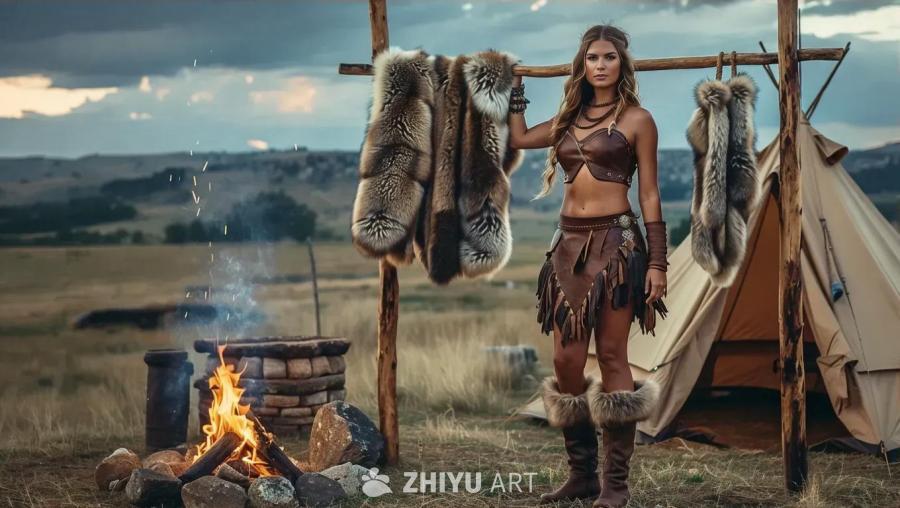 一位身着公元前10000年风格皮革服装的女性，穿着