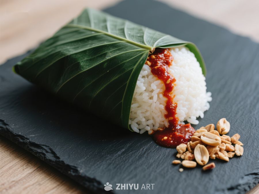 绿叶包裹米饭配花生与辣椒酱 349