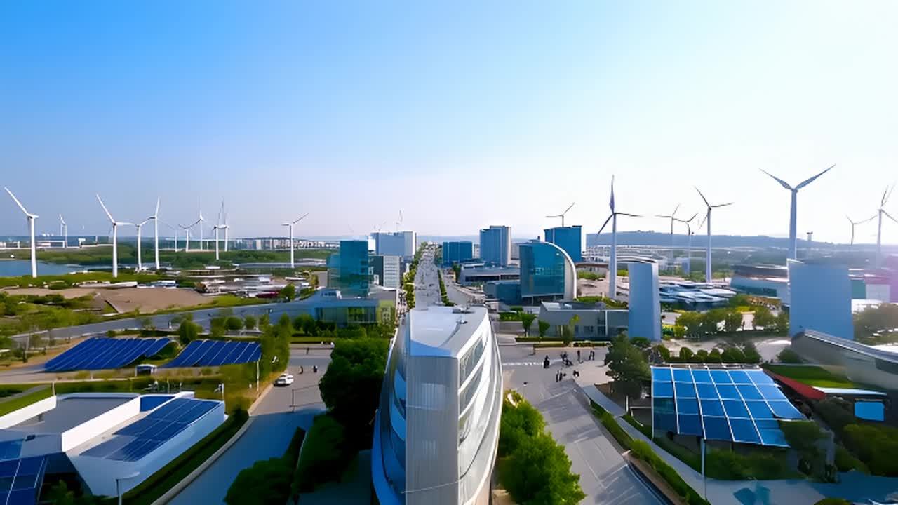 在开阔的场景中，有许多风力涡轮机和太阳能电池板分布