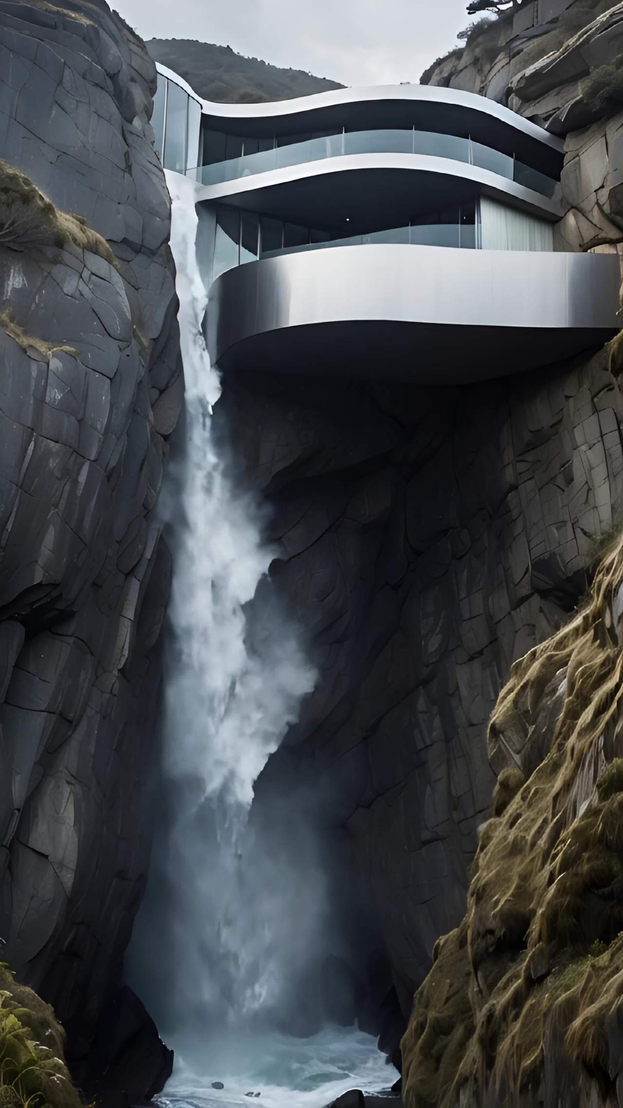 一栋现代建筑位于悬崖边，下方有瀑布倾泻而下。建筑为