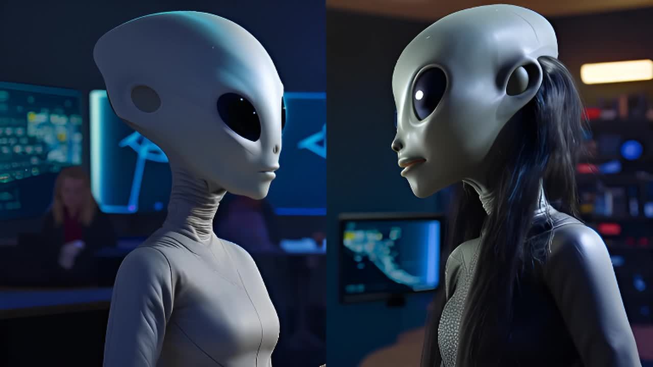 两个外星人站在房间里，背景中有电脑屏幕。左边的外星