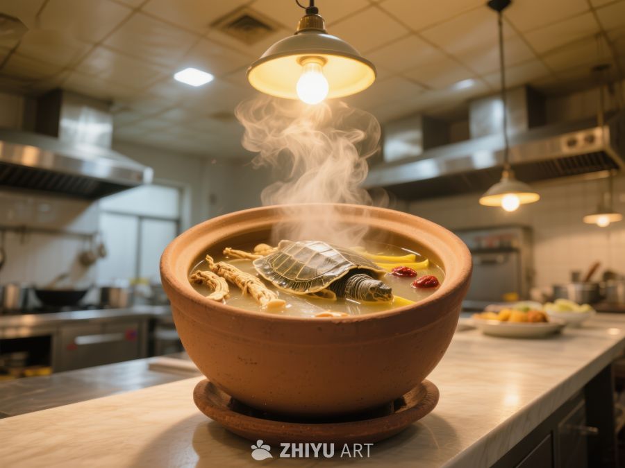 热气腾腾的乌龟汤在厨房中 613