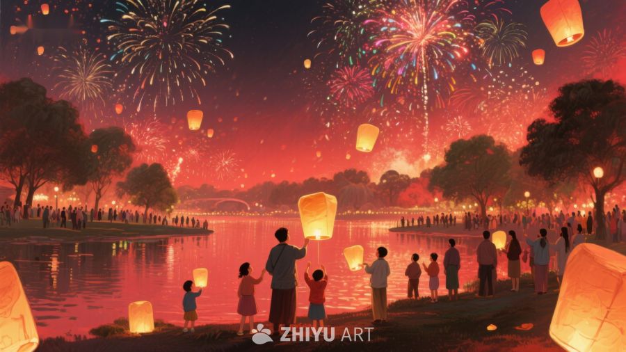 湖畔夜景：烟花与孔明灯 338