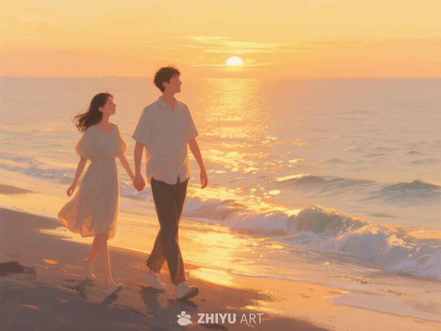 情侣海边漫步，夕阳映照浪漫 521
