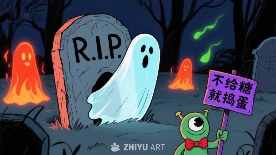 万圣节幽灵与糖果怪在墓地