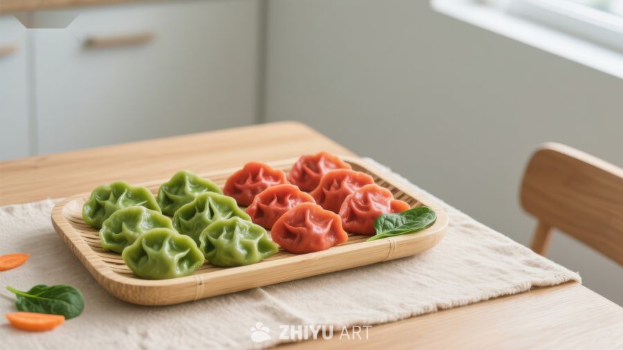 绿色与红色饺子摆盘
