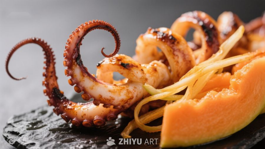 烤章鱼搭配南瓜丝的美食特写