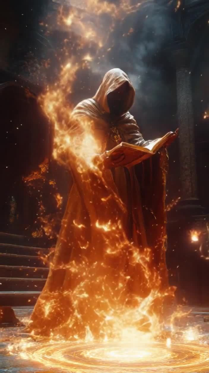 兜帽法师古书施法，魔法星尘环绕，光影流转