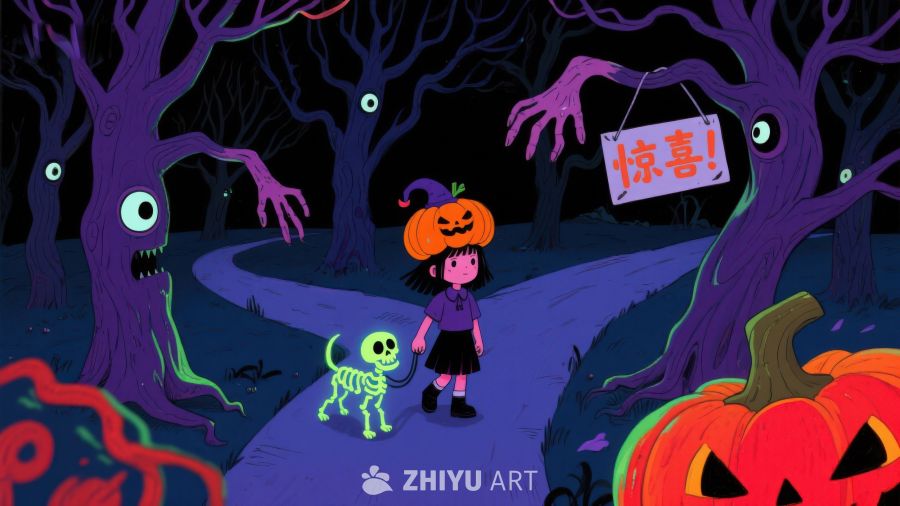 万圣节夜景：女孩与骷髅宠物的奇幻冒险