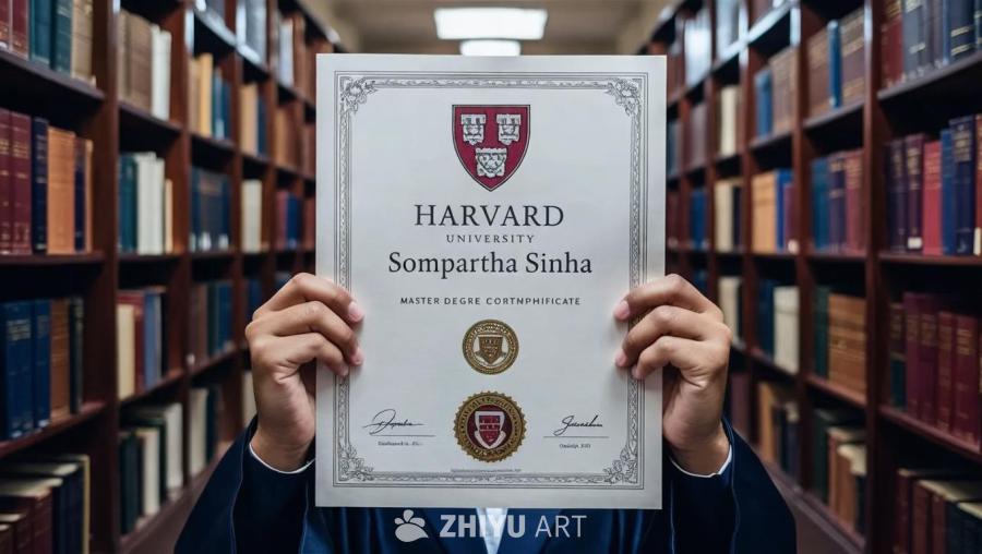 一个人穿着蓝色外套，双手拿着一张哈佛大学的硕士学位
