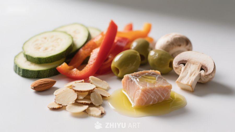 新鲜食材组合：三文鱼、蔬菜与坚果