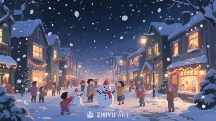 冬夜小镇欢聚雪人 101