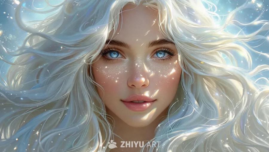 一位年轻女性，拥有瀑布般的白色长发和引人注目的大眼